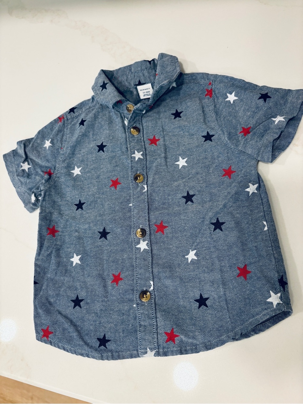 Toddler Boy Denim 4th of July Star Print Button Down Shirt 12-18mo